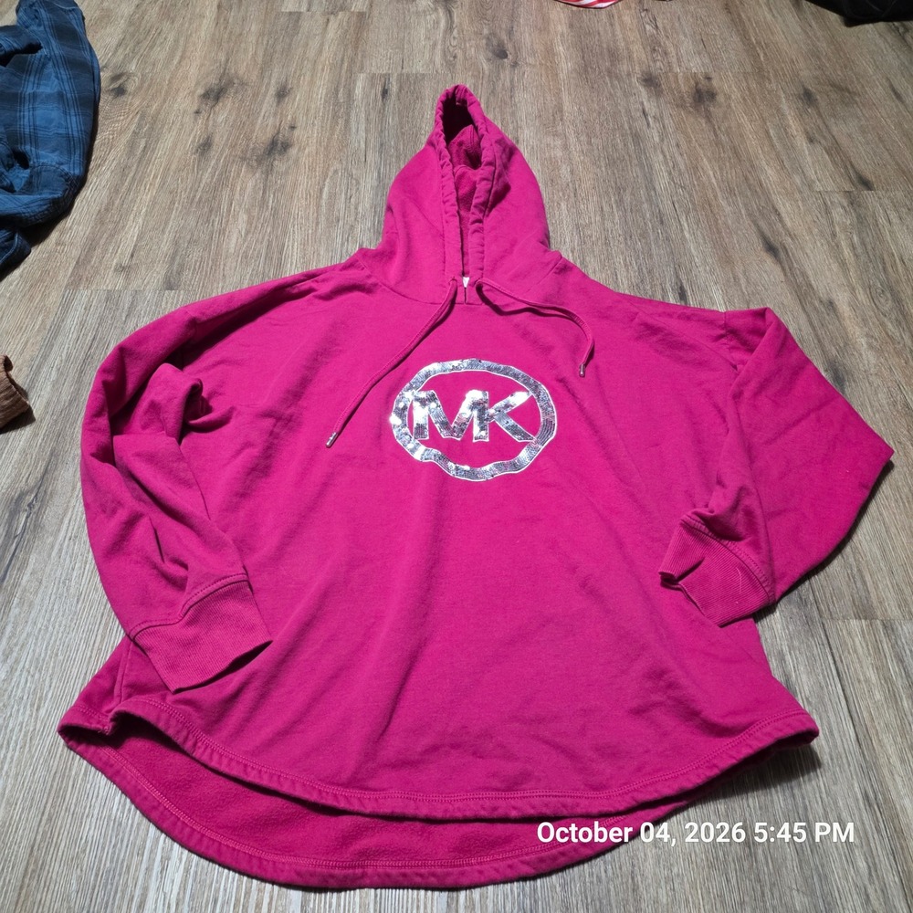 Michael Kors Pink Sequin Logo Hoodie Womens Large Magenta High Low Pullover
